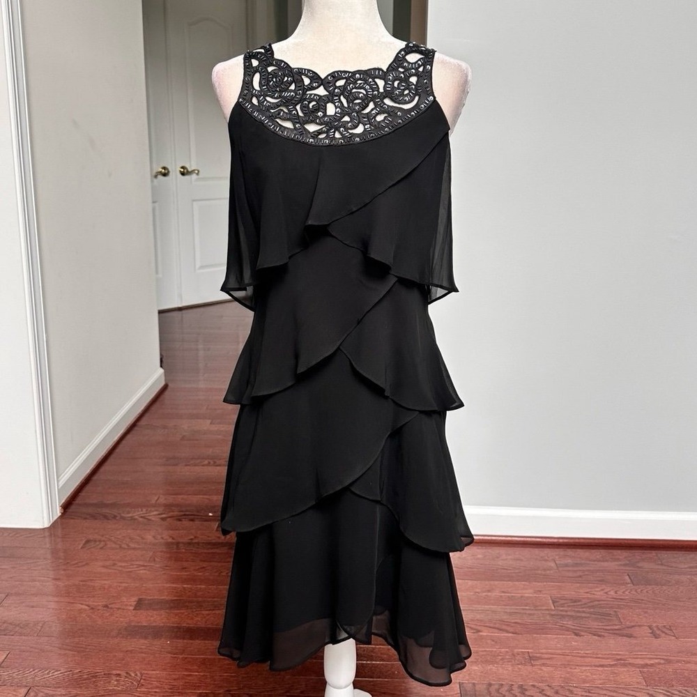 Vintage SL Fashions Layered Beaded Cutout Neckline Cocktail Formal Black Dress